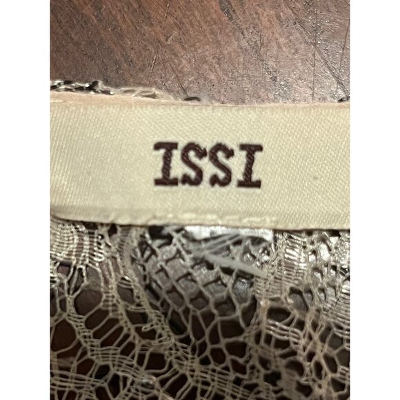 ISSI Medium Lace Top With Sheer Puff Sleeves  Back Zipper Neutral Beige & Black - Picture 3 of 12